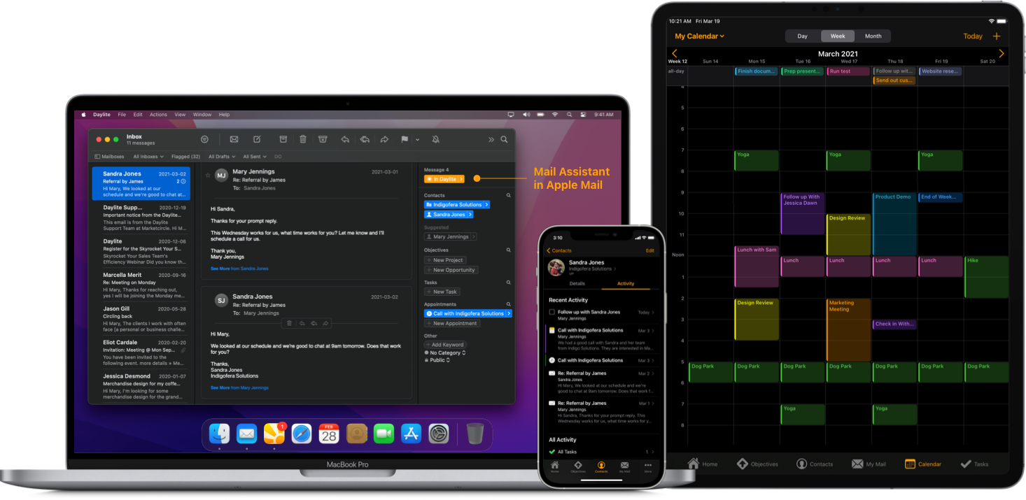 Daylite Mail Assistant on a MacBook, Contact Activity view on iPhone, and Calendar view on iPad